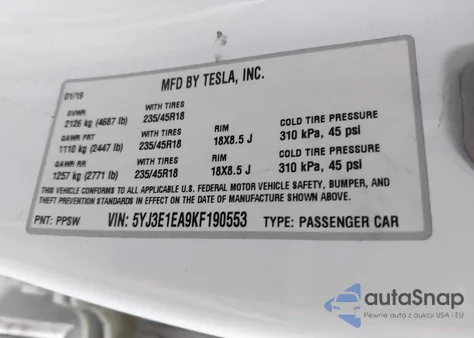 2019 Tesla Model 3 Long Range/Mid Range/Standard Range/Standard Range Plus из США, поврежденный, VIN 5YJ3E1EA9KF190553